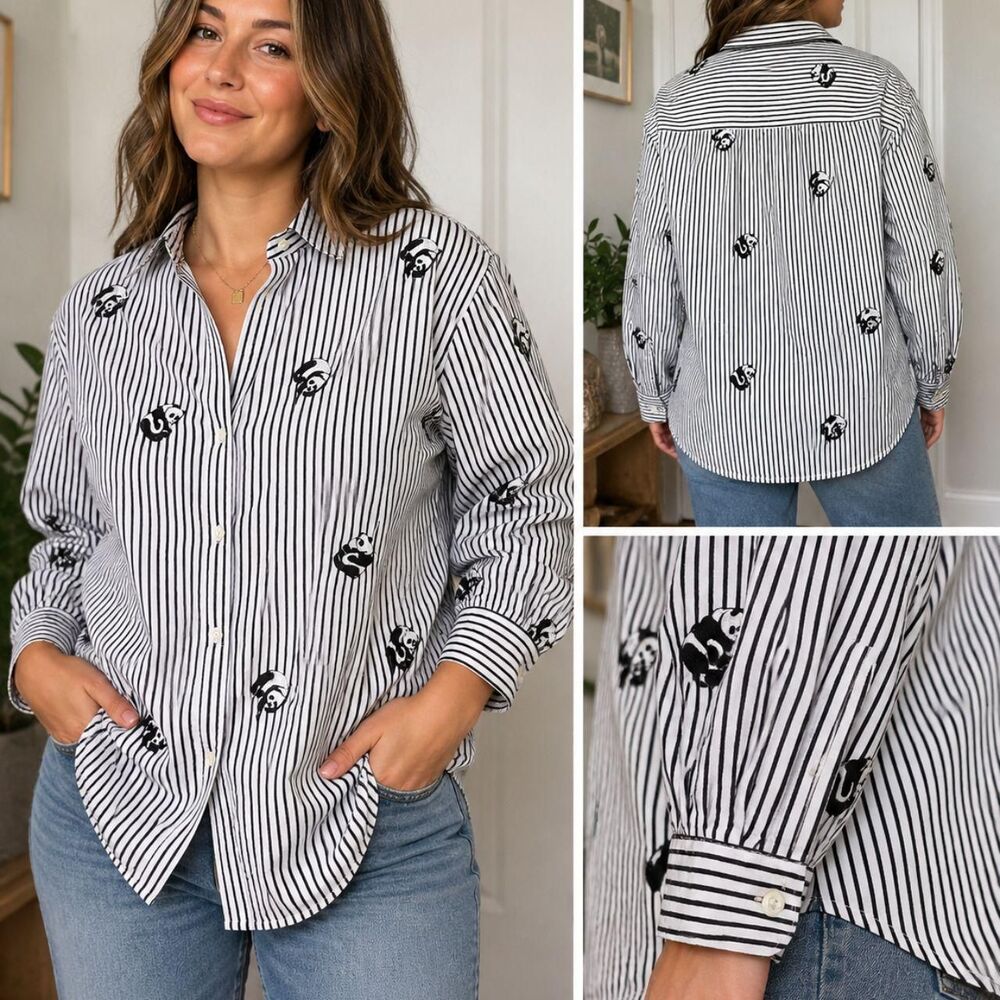 Casey Coleman Panda Embroidered Button-Down Shirt – Size XL 🐼